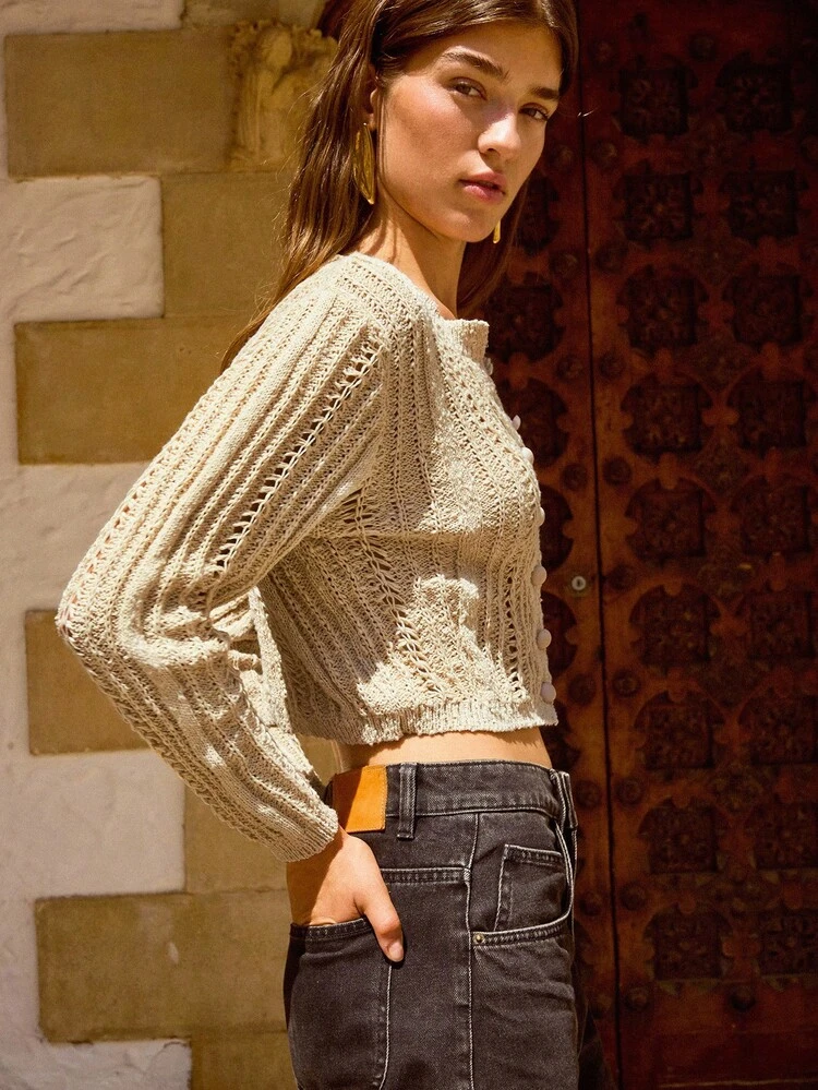 SHEIN Maija Apricot Crew Neck Long Sleeve Hollow Design Knitted Comfortable Fitted Urban Versatile Women Sweater, Autumn,Halloween