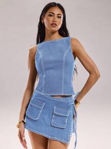 SHEIN BAE Áo denim hở lưng không tay gợi cảm cho nữ, mùa hè - Rửa nhẹ - Xem 1