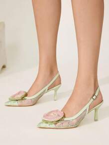 CUCCOO CHICEST Women's High Heel Pointed Toe Mesh Floral Elegant Wedding Party Sandals
