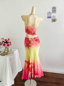 Soleia 女士度假风彩色海洋元素贝壳海星印花拼接荷叶边不对称腰身弹力腰拼接不对称下摆半身裙套装，适合派对、约会、海滩、下午茶、叠穿、返校、返校节等场合。 - 彩色 - 查看 2