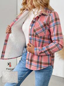 LanaWest Women's Autumn/Winter Long Sleeve Casual Plaid Thermal Lining Pocket Shirt, Long Sleeve Tops Fall Cloth For Women - Pink - View 7