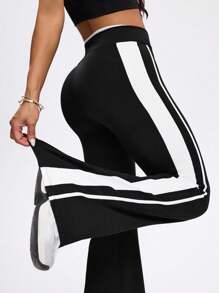 Easithlete 女式不对称腰侧条纹喇叭运动裤 - 黑與白 - 查看 5