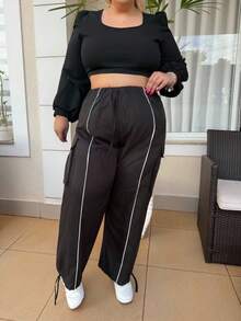 magalhaesca Plus Size Women Elastic Waist Drawstring Cargo Pants With Hem Embellishment - Black - View 4