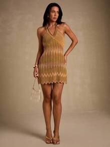 Glamine Rochie elegantă tricotată pentru femei, cu decolteu în V, ondulată, în linie A