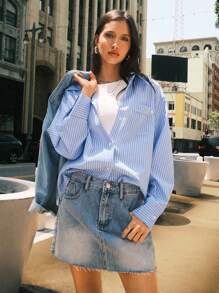 Easelle 女士休闲宽松经典蓝色条纹长袖衬衫 - 藍白色 - 查看 5