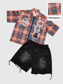 ROMWE MEN Street Life Summer Men's Plaid Rhinestone Embellished Shirt Paired With Black Washed Distressed Rhinestone Embellished Shorts Set