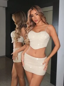 SHEIN ICON Sequin Fabric Fitted Underwire Camisole And Bodycon Mini Skirt 2 Pieces Party Set