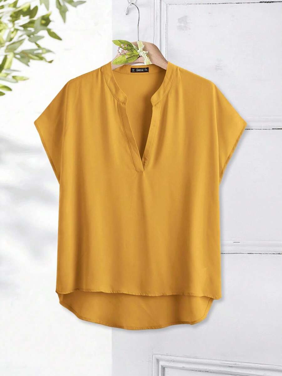 EMERY ROSE Áo sơ mi Plus Size Cao thấp màu trơn Giải trí - Màu Mù tạt vàng - Xem 1