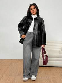 SHEIN EZwear Chaqueta versátil de moda para mujer de talla grande, apta para otoño/invierno, vuelta al colegio, concierto country, rave, cuero sintético, abrigo con botones, salida nocturna, fiesta, estilo old money - Negro - Ver 4