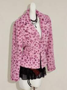 SHEIN ICON 女士新款秋冬豹纹翻领开衫兔毛外套，复古风 - 粉色 - 查看 8