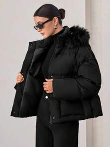 Women's Solid Color Long Sleeve Zipper Collar Faux Fur Hooded Winter Jacket - Black - View 5