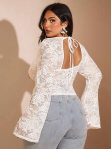 SHEIN BAE Plus Size Women's Sexy Sheer Lace Long Flare Sleeve Blouse, Women Top/ Plus Size Lace Top/ Lace Undershirt Long Sleeve/Wedding Guest Dress Curve/Fall Clothes Plus Size/Halloween/Homecoming/Christmas/Going Out /Birthday Top For Women/Western Wear Women/Dresses For Women Party/Women's Fall Clothes/White Top Classy Elegant,Fall Clothes For Women