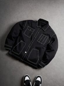 Manfinity EMRG Men's Color Block Striped Design Casual Jacket , Work , , , Shacket , Mens Canvas S Shirts - Black - View 5