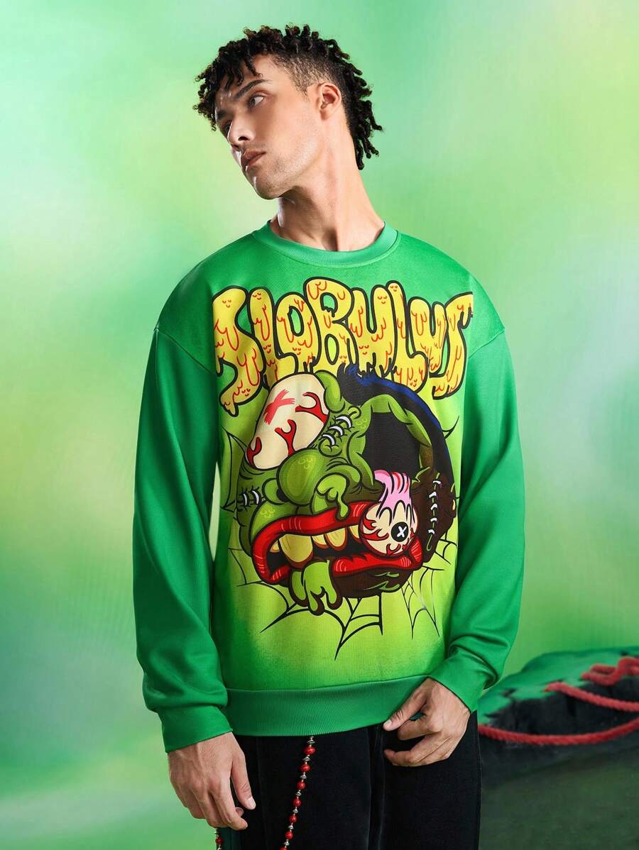 MADBALLS X SHEIN 男式卡通字母图案圆领套头衫 - 綠色 - 查看 1