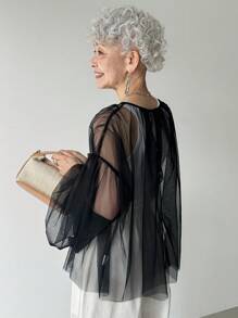 FRIFUL 女式黑色纯色圆领灯笼袖透明网眼面料多层宽松休闲百搭衬衫，适合度假、郊游、机场旅行 - 黑色 - 查看 5