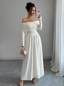 Elenzga Vestido largo de mujer elegante de un solo color con hombros descubiertos - Albaricoque - Ver 3