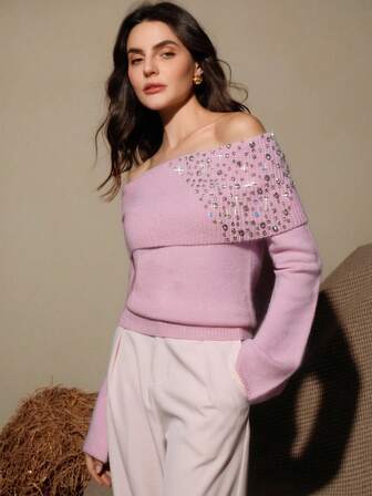 SHEIN X Jwoww Anewsta 水钻刺绣针织毛衣，优雅露肩长袖