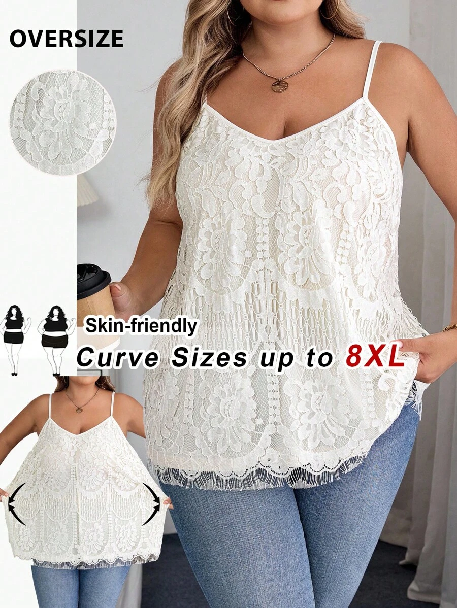 SHEIN CURVE+ 加大码女式花卉蕾丝宽松优雅吊带背心，女士假日服装，女士秋季服装，冬季，CURVE PLUS - 白色 - 查看 1