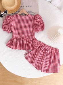 SHEIN 女宝宝休闲舒适圆领蝴蝶结装饰泡泡袖衬衫和短裤套装