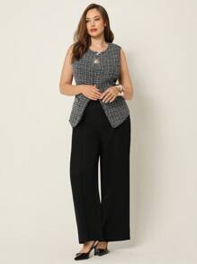 Auralis Chemise sans manches à boutons métalliques et ourlet fendu pour femmes grandes tailles, motif à carreaux - Noir - Voir 5