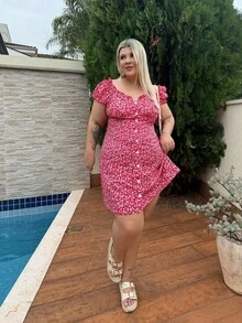 magalhaesca Vintage Plus Size Dress With White Floral Print On Red Base And Puff Sleeve, For Summer,Beach Dress Sundress,Holiday Outfits Boho