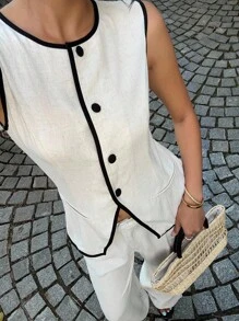 SHEIN EZwear 女式秋季新款亚麻拼色修身西装套装 - 杏色 - 查看 4