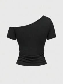 ROMWE Grunge Punk Y2K 心形和藤蔓水钻装饰性感修身褶皱肩部短袖 T 恤女款