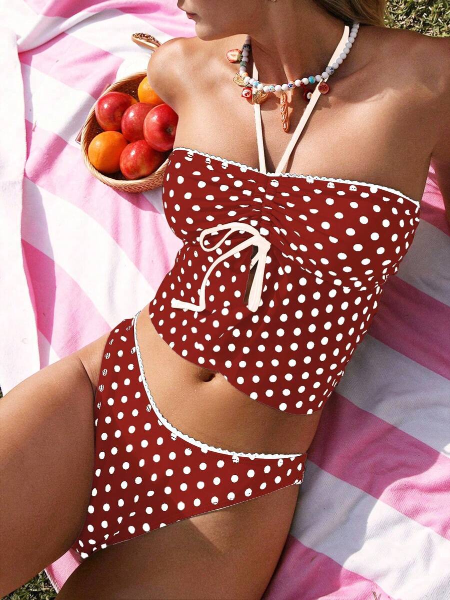 Swim Mod 女士波尔卡圆点性感比基尼两件套泳衣，适合夏季海滩、度假、派对等场合 - 玫瑰紅 - 查看 1
