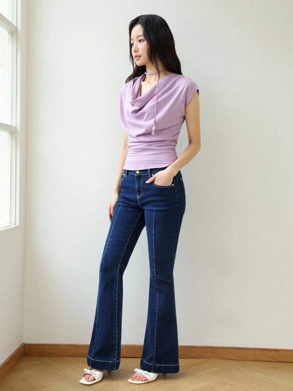 K-Vae Women's Fall Purple Romantic Multiple-Match Tops, Korean Style Draped Pleated Elegant Commuter Top,Teacher For Women,Back To School Tops,Airport Women