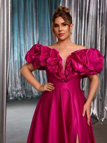 Glamrae 大码优雅浪漫紫红色露肩泡泡袖夸张设计婚纱，高开衩，A 字廓形，适合婚礼、派对、毕业典礼、正式晚礼服 - 玫紅色 - 查看 6