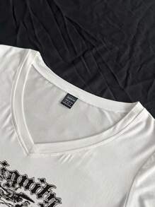 StreetHx Women's Summer V-Neck Tight T-Shirt, Punk Skull & Subculture Anime Print Short Sleeve White V-Neck Top