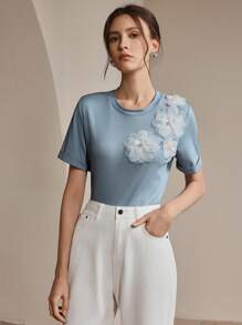 Anewsta 优雅淑女白色花卉 3D 弹力 T 恤，女款，春夏