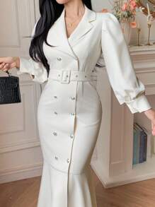 DAZY Elegant Solid Color Blazer Collar Puff Sleeve Belted Midi Dress For Women, Autumn,Fall Women Clothes Long Sleeve Dress