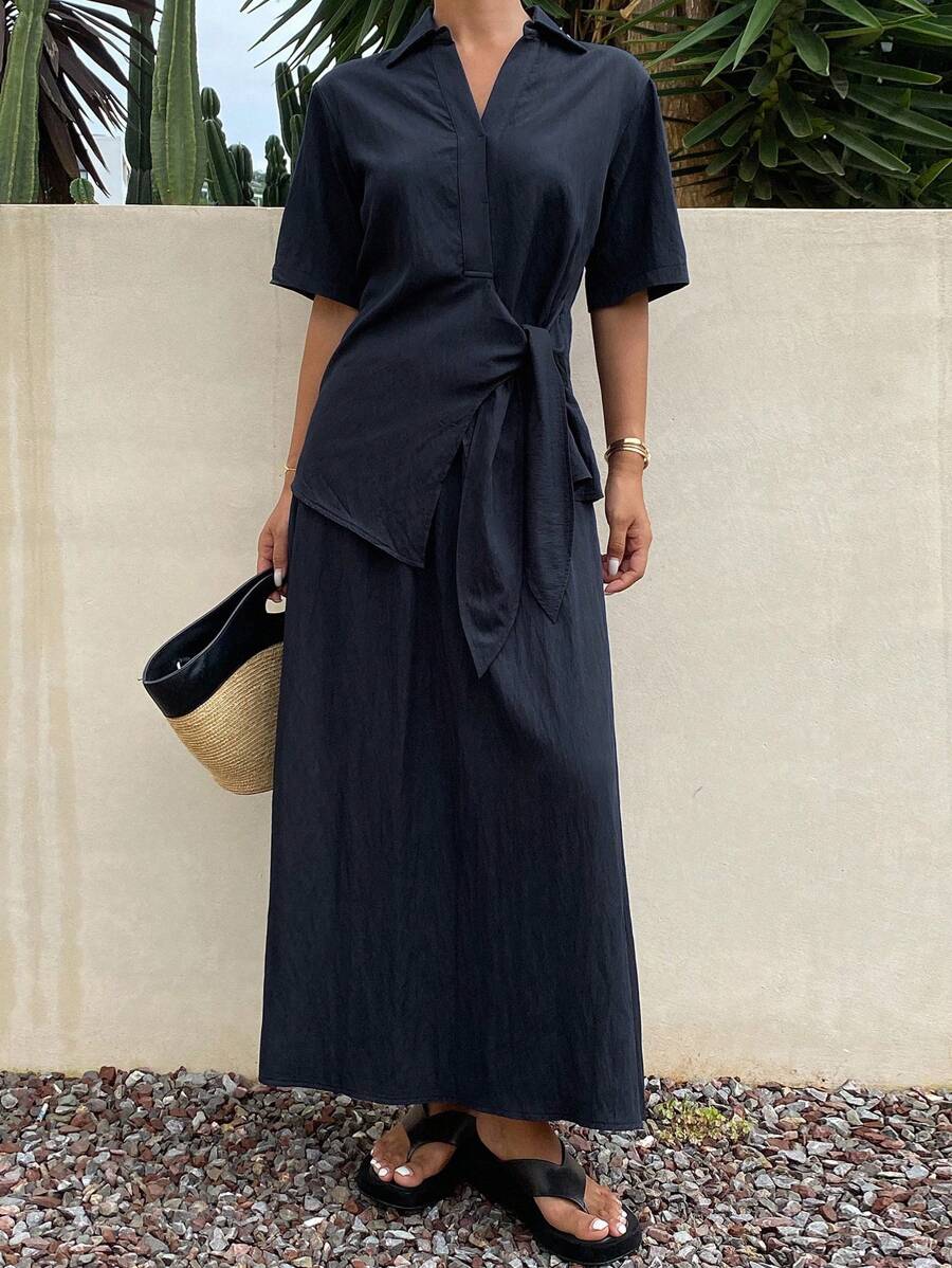 DAZY 2pcs Women Summer Casual Tie-Up Shirt & Skirt Set,Teacher Outfits - Navy Blue - View 1