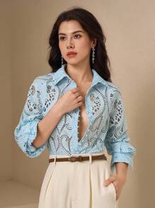 DAZY Áo kiểu nữ tay dài, dáng suông, thêu họa tiết rỗng, cài cúc phía trước, chất liệu vải xuyên thấu. - Màu xanh lam - Xem 8