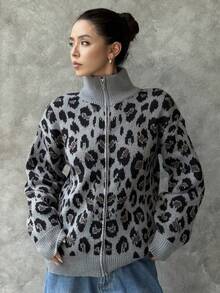 DAZY 豹纹宽松时尚百搭女士长袖拉链开衫 - 深灰色 - 查看 5