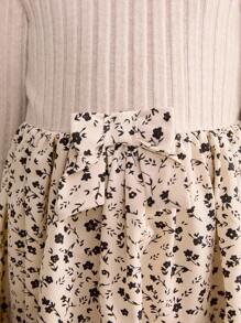 Blossori Vestido de manga larga con parches de punto y estampado floral pequeño elegante francés para niñas jóvenes en color caqui - Multicolor - Ver 6