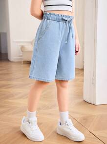 SHEIN Tween Girls Spring Summer Basic Casual Light Washed High Waisted Loose Fit Ruffle Waist Drawstring Denim Long Shorts With Bowknot And Rolled Hem Pockets,Girls Summer Beach Boho Vacation Comfortable Shorts Outfits,Summer Rave Concert Festival College Style Outfits - Light Wash - View 5