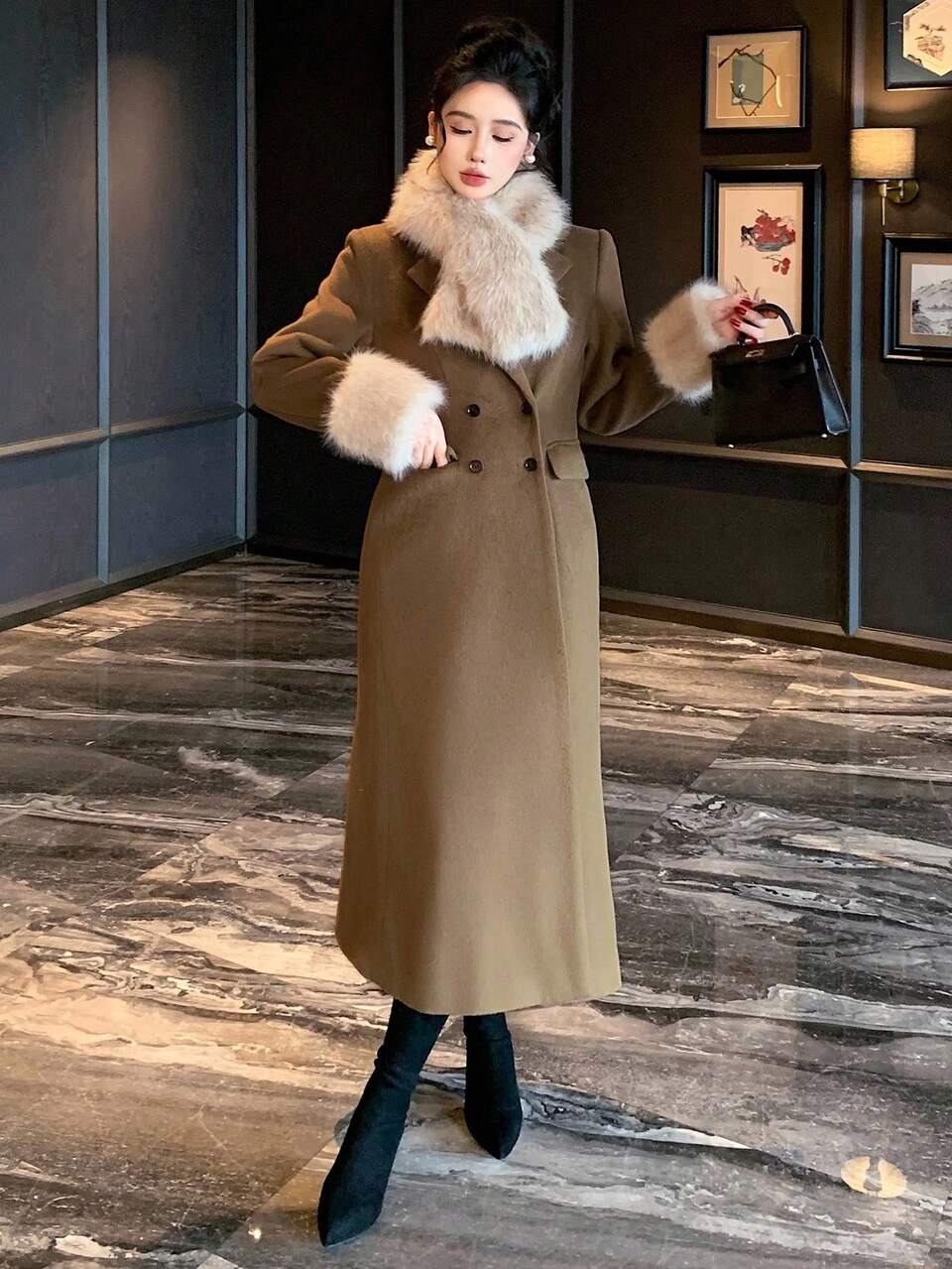 Women's Long Sleeve Coat With Fur Collar, Slim Fit, Waist Cinched, Pockets, Double-Breasted, Long Length, Autumn/Winter