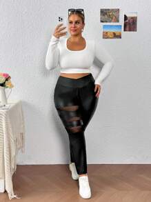 SHEIN PETITE CURVE 大码女式纯色不对称腰部网眼拼布紧身裤 - 黑色 - 查看 7