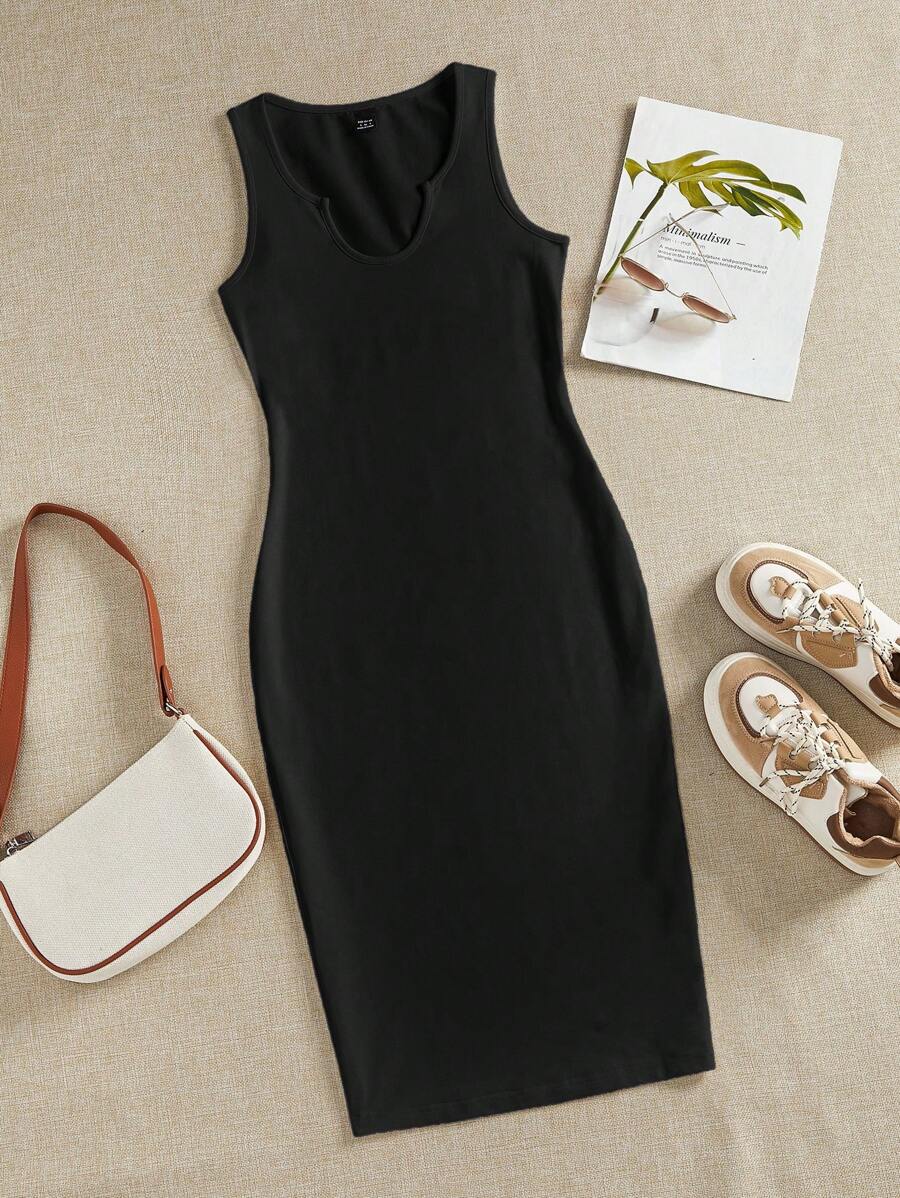 SHEIN EZwear 女士黑色宽肩带无袖深V领中长连衣裙,适合夏季 - 黑色 - 查看 1