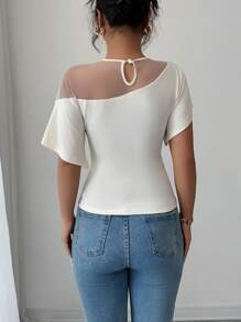 Elenzga Women's Applique Decor Mesh Patchwork Ruffle Sleeve Fashionable Pleated T-Shirt - Apricot - View 2