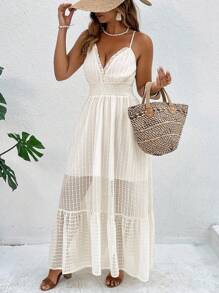 SHEIN Clasi Plus Size Women Resort Style Textured Spaghetti Strap Ruffle Trim Waist Flare Dress - Apricot - View 4