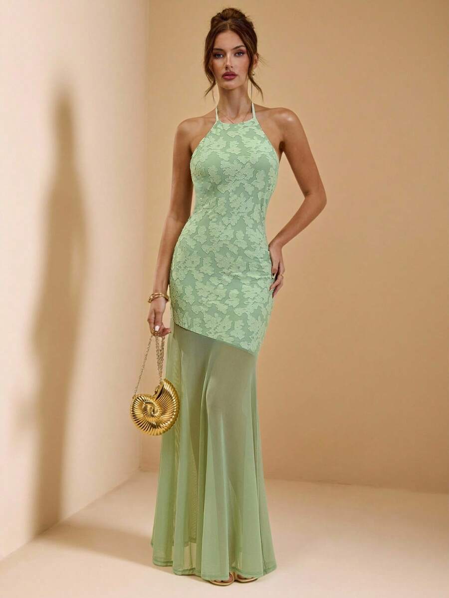 SHEIN BAE Đầm hở lưng lưới đan họa tiết màu xanh lá cây cho nữ, Đầm gợi cảm, Đầm ngày lễ, Thích hợp cho tiệc tùng, những dịp trang trọng vào mùa xuân/hè - màu xanh lá - Xem 1