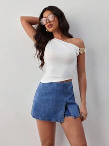 SHEIN Tall 女款牛仔短褲，休閒修身短裙褲，藍色，適合高個女性 - 中等水洗藍 - 查看 8