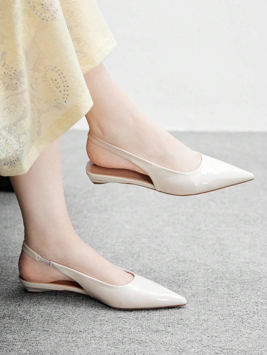 CUCCOO BIZCHIC Women's Pointed Toe Low Heel Flat Slingback Shoes, Minimalist Style Comfortable Beige Color Backless Flats, Suitable For Work And Commute For Christmas - Beige - View 1