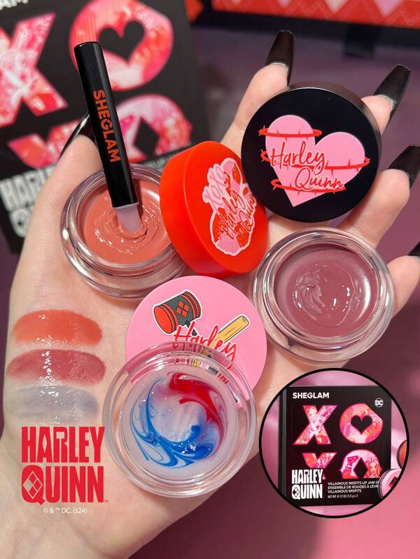 Harley Quinn X SHEGLAM Villainous Misfits Lip Jam Set 3 Pcs Moisturizing Lip Gloss Natural Non-Stick Lip Care Hydrating Lip Combo Brand Beauty Makeup Face Paint Cosmetic For Women Girls Perfect For Winter Spring Ideal For Y2K Fancy Fashion Suitable For Birthday Gift Party Ready Best Color