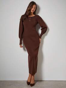 COSMINA 秋冬女士纯色纽扣半襟长袖修身针织连衣裙 - 咖啡棕 - 查看 1