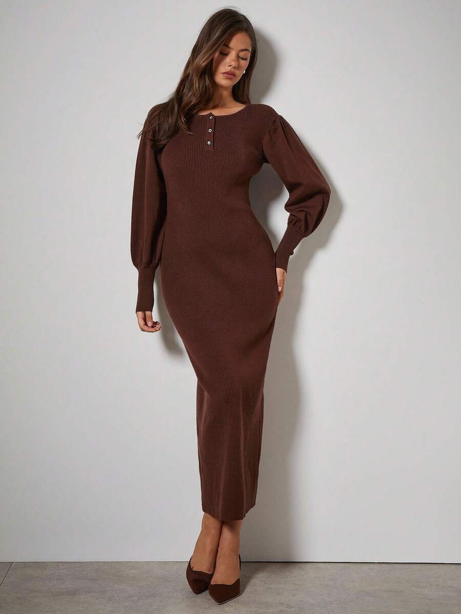COSMINA 秋冬女士纯色纽扣半襟长袖修身针织连衣裙 - 咖啡棕 - 查看 1