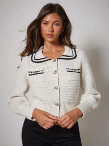 COSMINA Women's Contrast Color Striped Metal Button Thin Cardigan, Autumn/Winter - Black and White - View 3
